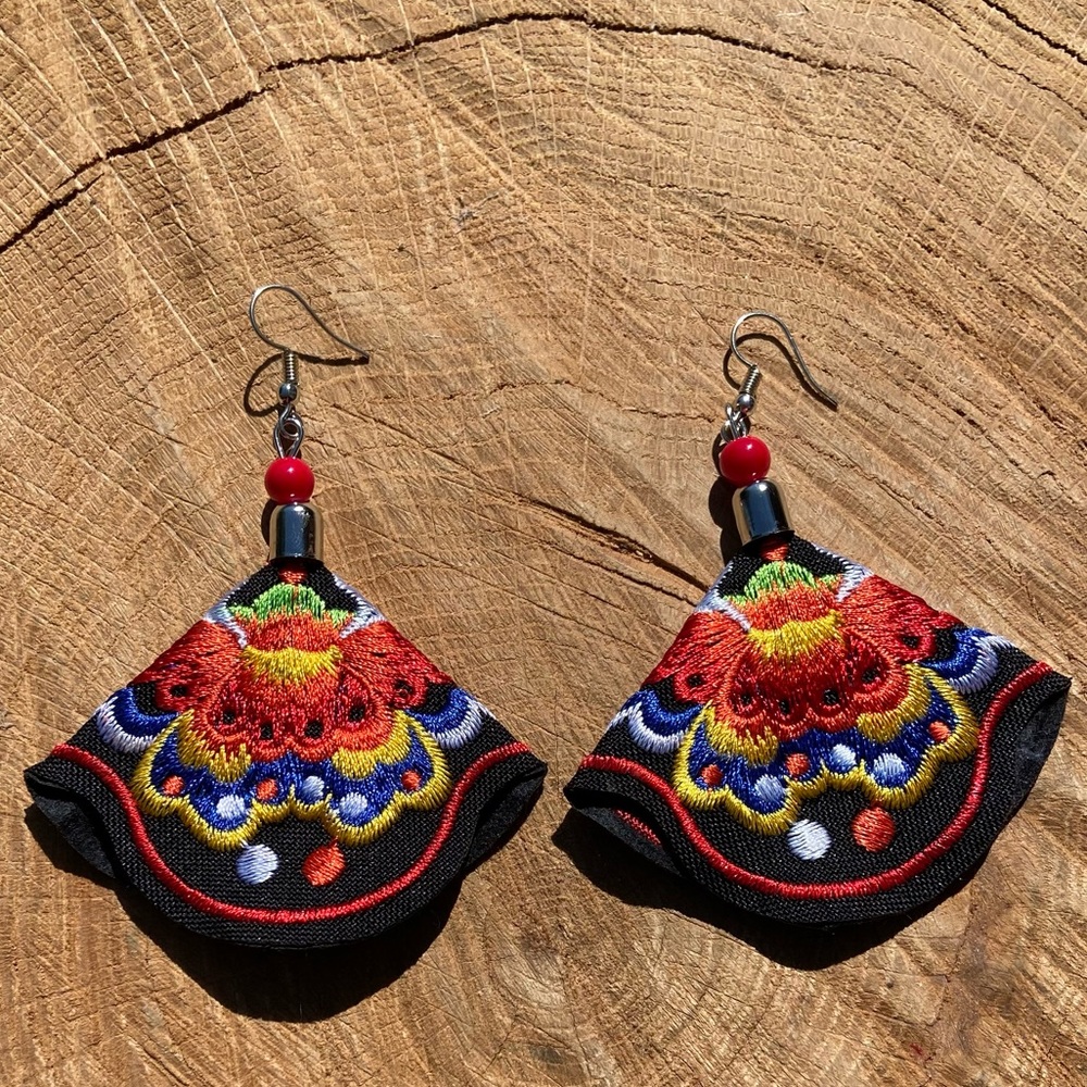 Embroidered flower drop earrings